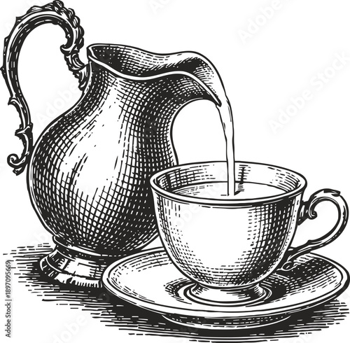 Vintage illustration of milk being poured from jug into tea cup on saucer