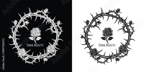 Engraving style dark beauty design featuring roses intertwined with a sharp thorny wreath perfect for gothic aesthetics