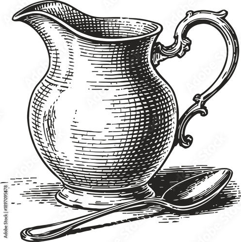 Vintage metal pitcher and spoon illustration classic kitchenware with ornate handle, old fashioned drinking or serving vessel drawing