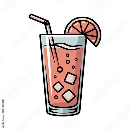 Grapefruit Cooler Vector Illustration of Refreshing Pink Citrus Drink with Ice and Straw