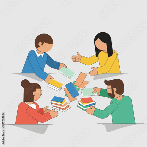 Four diverse people exchanging books and documents symbolizing collaboration and knowledge sharing in a flat design style.