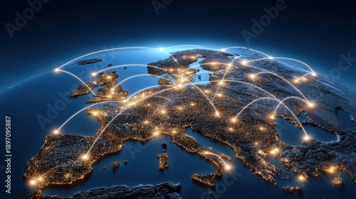 Realistic 3D Map of Europe with Glowing Connections and Network Lines Illuminating the Continent