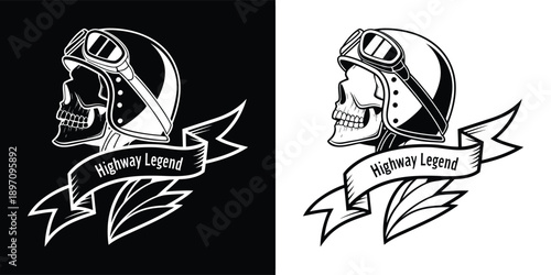 Graphic design featuring a monochrome skull wearing vintage goggles and a classic helmet above a flowing banner proclaiming highway legend status