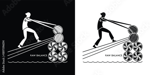 Stylized graphic depicts a person pulling taut ropes connected to a precarious stack of rolling cylindrical objects illustrating raw balance.