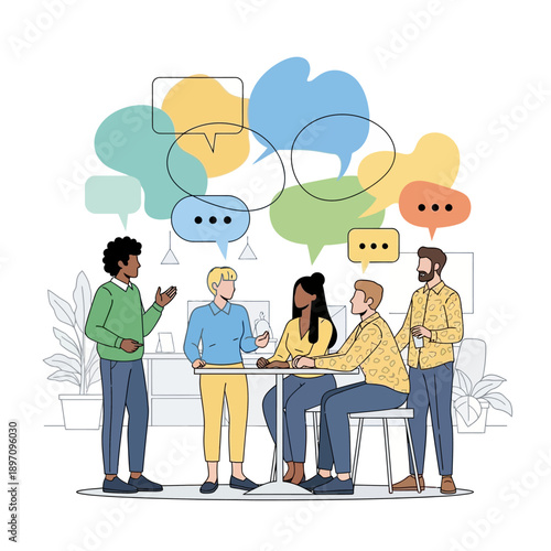 Diverse group of people engaging in a lively discussion with speech bubbles.