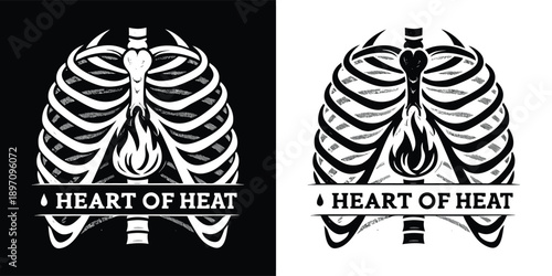 Striking black and white graphic design featuring a human rib cage protecting a burning flame symbolizes passion and inner fire