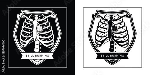 Graphic black and white illustration depicting a skeletal rib cage emblem with a flame burning inside signifying resilience and enduring spirit