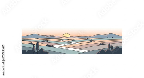 Panoramic view of a vineyard with rolling hills and sunset sky.