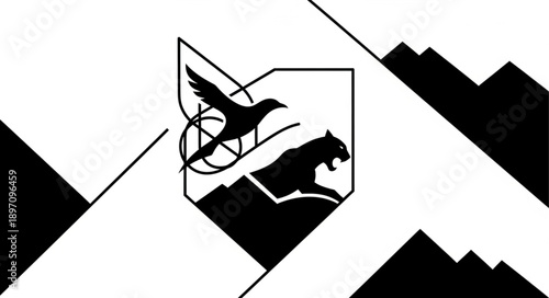 Coat of Arms with Bird and Panther Silhouette on Mountain Background.