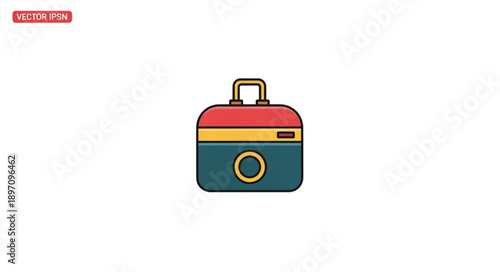 Vintage camera icon with red and blue colors on white background.