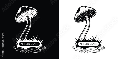 Striking black and white vector illustration of a stylized mushroom rising from grassy earth featuring the text altered state