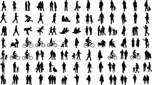 Silhouette people walking, sitting, cycling, parenting, interacting, urban lifestyle, family activity, outdoor movement, black icon set, flat vector illustration