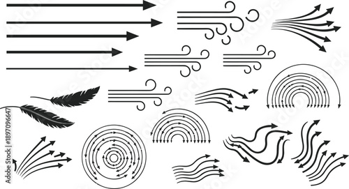 Wind swirl, air flow, breeze motion, vortex pattern, feather icon, turbulence vector, aerodynamic symbol, curved arrows, flat vector illustration