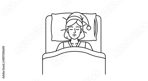 Woman Sleeping Peacefully in Bed Wearing a Nightcap.