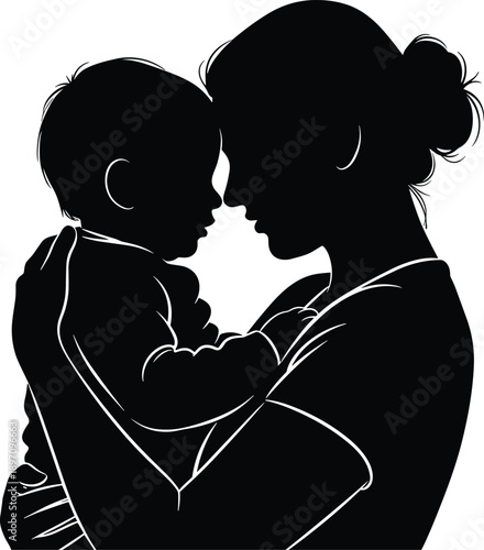 Adult child silhouette, forehead touch, emotional bond, nurturing embrace, caring moment, love gesture, family connection, flat vector illustration