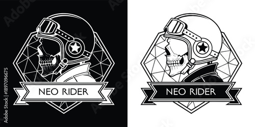 Black and white vector logo featuring a detailed skull wearing a retro motorcycle helmet inside a geometric hexagonal frame labeled neo rider