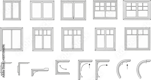 Architectural window design, molding profile, trim section, pane layout, corner detail, installation guide, construction sketch, flat vector illustration