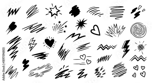 Versatile Collection of Hand Drawn Black Ink Doodles Featuring Playful Scribbles Lightning Bolts and Decorative Hearts