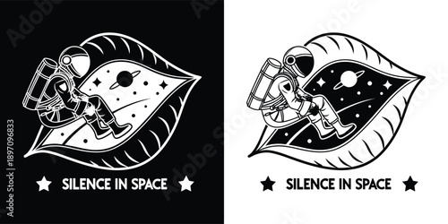 Black and white graphic design featuring an astronaut floating peacefully inside a stylized leaf containing a starry cosmos and text that reads silence in space