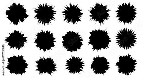 Collection of Fifteen Unique Black Grunge Splatter Silhouettes Featuring Distressed Radial Edges and Organic Shapes