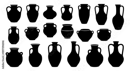 Ancient Greek Amphora And Ceramic Vase Silhouette Set Featuring Various Historical Pottery Shapes And Vessel Designs