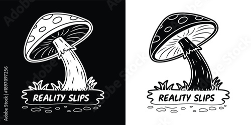 Black and white graphic illustration features a stylized mushroom with the phrase reality slips underneath in two color variations