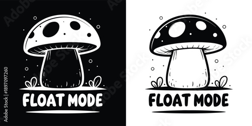 Whimsical cartoon mushroom illustration in black and white design is perfect for nature lovers and cottagecore aesthetics