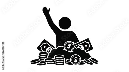 a person raising arms surrounded by money and coins a striking silhouette