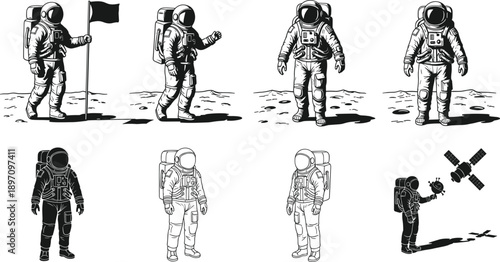 Astronaut character set, spaceman walking on moon surface with flag, science fiction vector illustration collection, isolated on white background