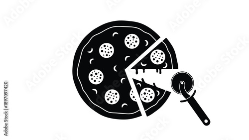 a pizza slice being cut with a cutter stylized illustration silhouette