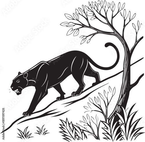 High quality black silhouette vector of stalking jaguar predator minimalist flat design isolated on transparent background premium professional stock illustration