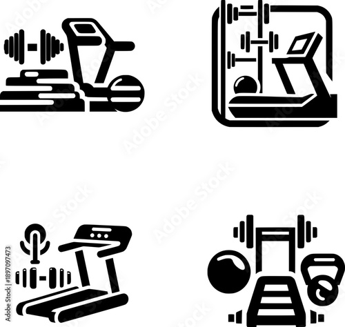 Minimalist black and white vector icon set of four gym and fitness symbols, clean lines, simple, isolated on white.