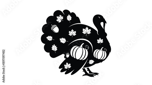a black turkey silhouette with autumn leaves pumpkins and a festive autumnal design