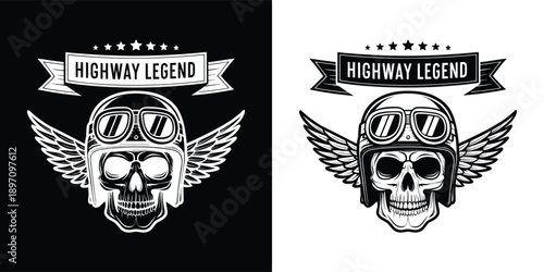 Striking black and white graphic featuring a winged skull wearing vintage goggles and a helmet above a highway legend banner