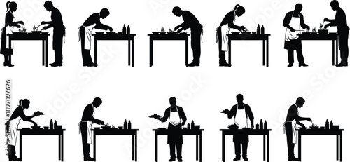 Chef silhouette set, professional cooks preparing food at kitchen table, restaurant culinary staff vector collection, isolated on white background