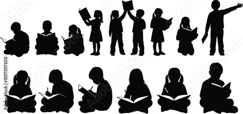 Children silhouette set, kids reading book and writing notebook, student study collection, little boy and girl education, isolated on white