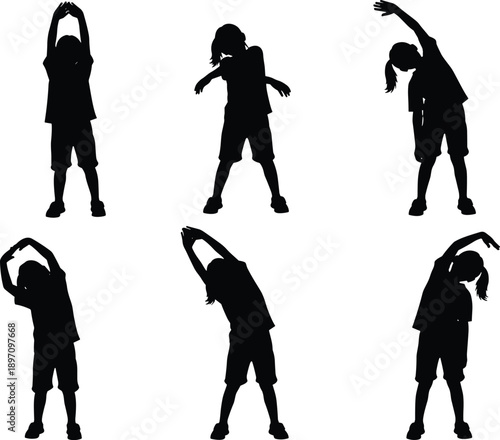 Children exercising silhouette set, active kid doing stretching and warm up gymnastics, healthy lifestyle icons, youth fitness vector graphics collection,