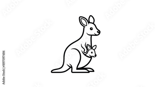 a simple black and white illustration of a kangaroo with its joey silhouette