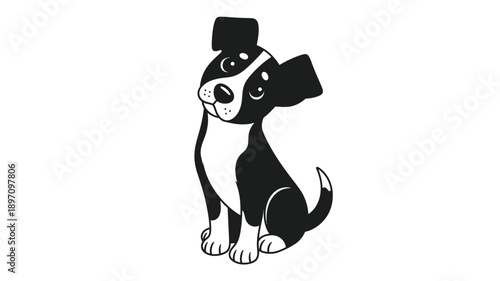 a cute black and white puppy illustration sitting and looking forward silhouette