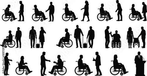 Disabled people silhouette set, men and women in wheelchair, assistance and accessibility concept, vector illustration collection isolated on white