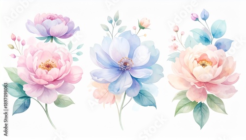 Wallpaper Mural Beautiful watercolor floral illustrations a delicate collection of soft pastel peonies and elegant blossoms with verdant foliage, perfect for spring, romantic, and wedding designs Torontodigital.ca