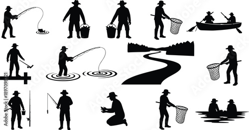 Fisherman silhouette set, men fishing with rod and net, boat on river, outdoor recreation collection, vector isolated on white background
