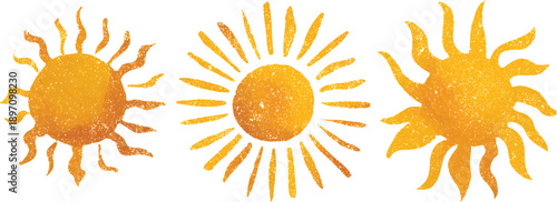A set of three yellow and white sun pattern designs on an isolated transparent background