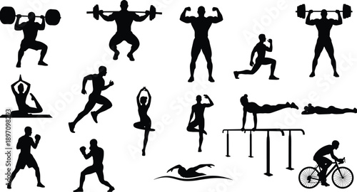 Fitness workout silhouette set, gym sport exercises including weightlifting running boxing and swimming, active lifestyle vector collection isolated on white