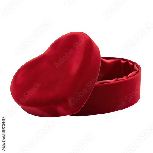 A red heart-shaped velvet box with its lid open on a transparent  background