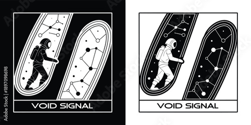 Stylized black and white graphic design featuring an astronaut exploring strange celestial navigation patterns inside elongated containment capsules