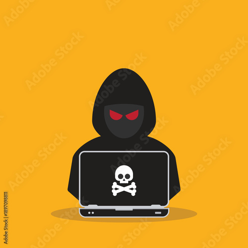 Hacker at laptop icon. Flat illustration of hacker at laptop vector icon for web design	