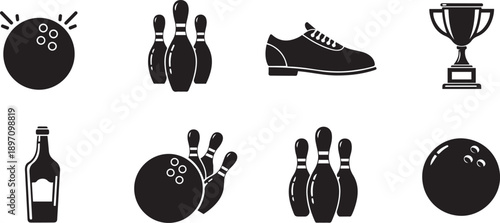 Black and white bowling set including ball pins shoe trophy and bottle bowling ball bowling pins bowling shoe