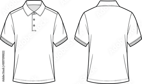 Black and white polo shirt technical illustration showing front and back views in clean outline style for apparel design, fashion production, sewing patterns and textile graphics