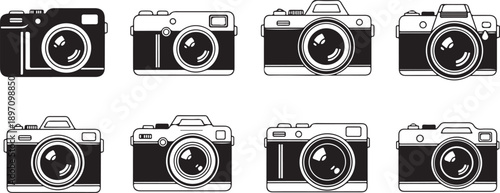 Black and white camera in different styles digital line monochrome simple minimalistic